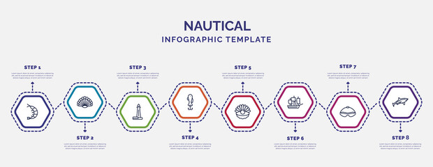 infographic template with icons and 8 options or steps. infographic for nautical concept. included prawn facing left, long lighthouse, fish shaped bait, pearl, classic ship, swimming glasses, shark