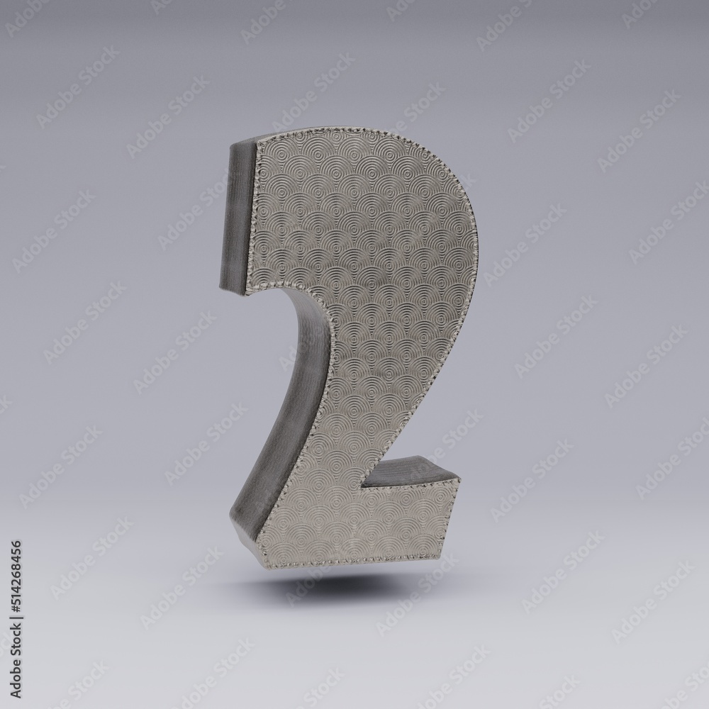 Fototapete textured 3d number 2 with a beautiful rim on a gray background with shadows. 3d illustration. 3d ren