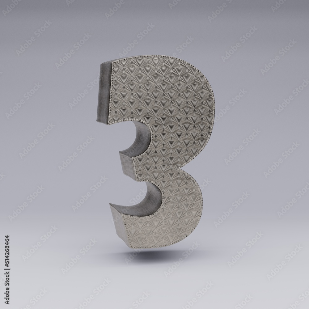 Fototapete textured 3d number 3 with a beautiful rim on a gray background with shadows. 3d illustration. 3d ren