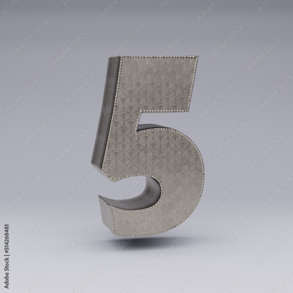 Fototapete textured 3d number 5 with a beautiful rim on a gray background with shadows. 3d illustration. 3d ren