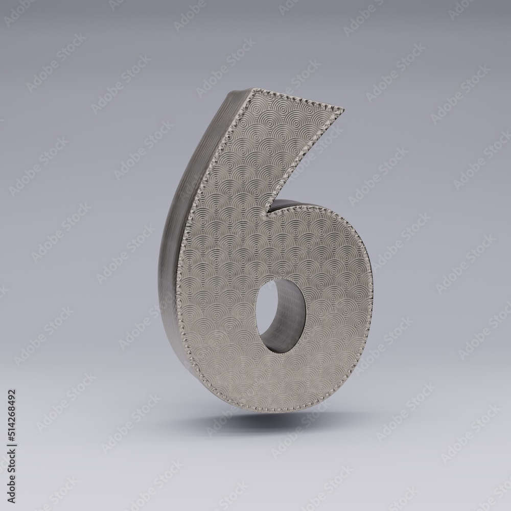 Fototapete textured 3d number 6 with a beautiful rim on a gray background with shadows. 3d illustration. 3d ren