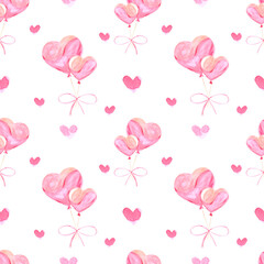 Fototapeta na wymiar Handdrawn heart balloons seamless pattern. Watercolor pink hearts and balloons on the white background. Scrapbook design, typography poster, label, banner, textile.
