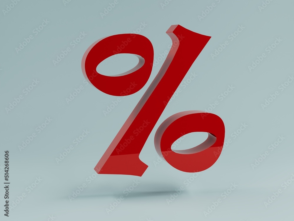 Poster red percentage icon on a gray background with shadows. 3d illustration. 3d render.
