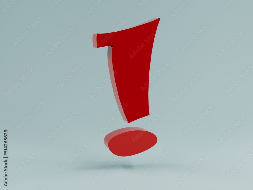 Poster exclamation mark in red on a gray background with shadows. 3d illustration. 3d render.