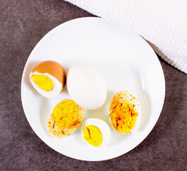 Boiled egg close-up. Vegetables and cooking