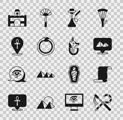 Set Crook and flail, Papyrus scroll, Egypt pyramids, Hookah, Magic symbol of Ouroboros, Cross ankh, Egyptian house and anubis icon. Vector