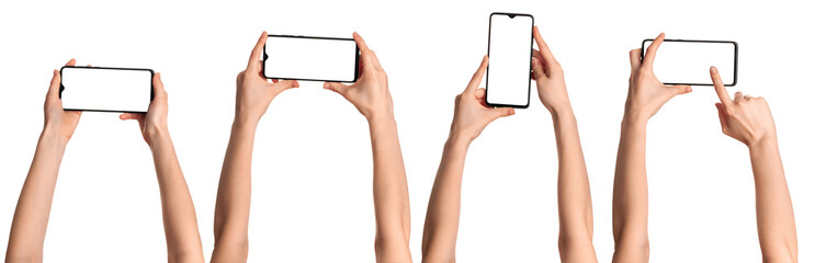 A girl holds in his hands a blank black smartphone screen with a modern frameless design. Four positions isolated on white background