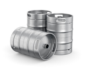 Three metal beer kegs isolated on white background