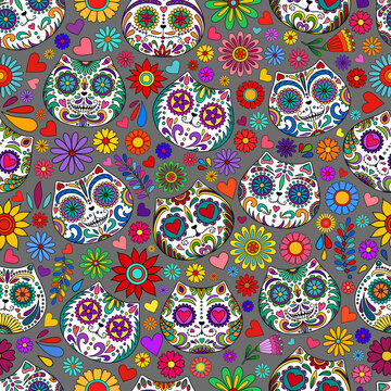 Day of the Dead skulls pattern. Mexican dead Cat. Dia de los muertos print. Day of the dead and Mexican tradition festival. Day of the dead sugar skull isolated. Dia de los Muertos tattoo skulls.