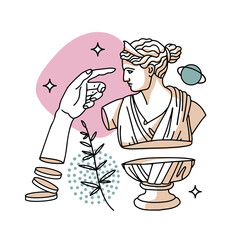 Silhouettes of Female Greek trippi sculpture. Surreal and antique elements of isolated concept. Contour vector illustration with abstract spots and dots. Style of the 1990s