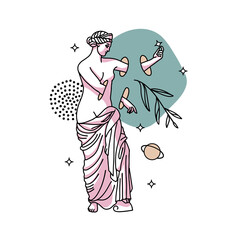 Abstract greek ancient surreal sculpture with abstract geometric shapes, stars. Vector hand drawn outline illustrations of modern statue and cosmic space elements in trendy psychedelic weird style.