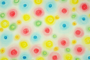 Multicolor colorful balls, textured background. Hand drawing with pastel paint. Abstract red, yellow, blue artistic background.