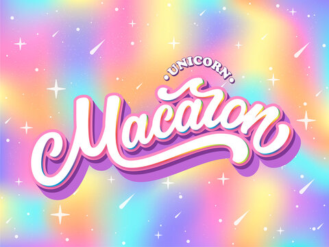 Unicorn Macaron hand drawn vector logo. Lettering typography on gradient background in rainbow colors. French dessert logotype concept for packaging, menu, banner, emblem, sticker, label, poster