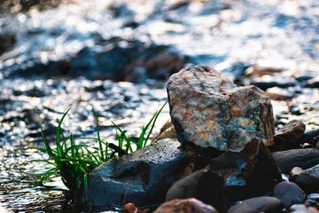 Piedra de cuarzo brillante junto al río desenfocado sobre una roca con pasto