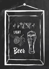 Vector cafe menu cover or poster, decoration for wall or textile kitchen, chalk style elements isolated on blackboard. Chalkboard for fast food and pub. Hand drawing illustration and letterings. Beer.