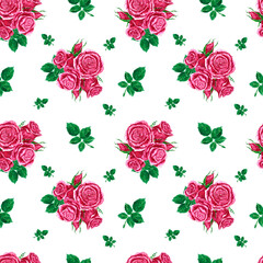 Handdrawn roses seamless pattern. Watercolor pink flowers composition with green leaves on the white background. Scrapbook design, typography poster, label, banner, textile.