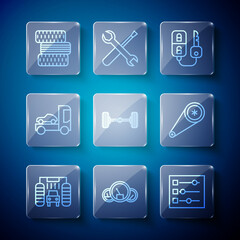Set line Car wash, Speedometer, settings, key with remote, Chassis car, transporter truck, tire wheel and Timing belt kit icon. Vector