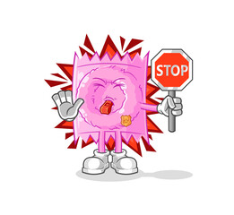 condom holding stop sign. cartoon mascot vector