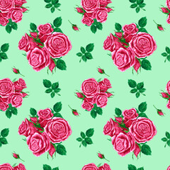 Handdrawn roses seamless pattern. Watercolor pink flowers composition with green leaves on the turquoise background. Scrapbook design, typography poster, label, banner, textile.