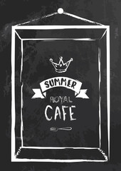 Vector cafe menu cover or poster, decoration for wall or textile kitchen, chalk style elements isolated on blackboard. Chalkboard for fast food. Hand drawing illustration and letterings.