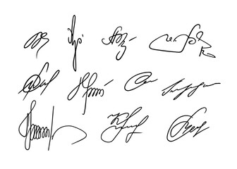 Vector signature. Autograph hand drawn. Scrawl signature. Handwritten fake autograph. Handwriting scribble by pen. Written black sign isolated on white background. Writing sketch. Write scribbles line - obrazy, fototapety, plakaty