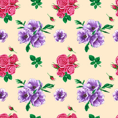 Handdrawn roses and anemons seamless pattern. Watercolor purple and pink flowers composition with green leaves on the cream background. Scrapbook design, typography poster, label, banner, textile.