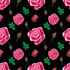 Handdrawn roses seamless pattern. Watercolor pink flowers composition with green leaves on the black background. Scrapbook design, typography poster, label, banner, textile.