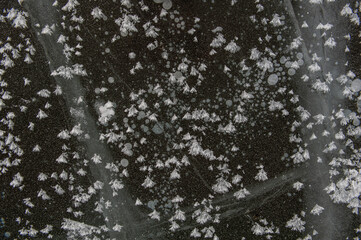 Texture of frozen ice surface with snow. Winter background