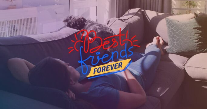 Animation of best friends forever text over caucasian woman lying with dog