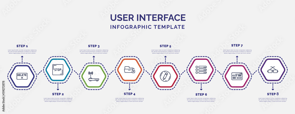Poster infographic template with icons and 8 options or steps. infographic for user interface concept. included delete button, internet modem, unlock folder, edit button, list button, looking, square