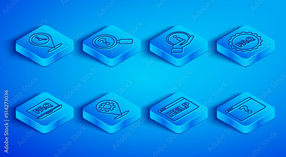 Poster set line location with clock, unknown search, information, gear, browser help, label text faq, lapto