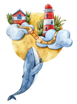 recommend clip art: Watercolor cute nursery whale illustration on white background. Kids hand painted cartoon animal clipart for sublimation, print, baby room poster