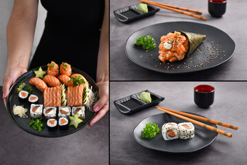 Special sushi collection. Different kinds of sushi on slate background. Three pictures for 1.