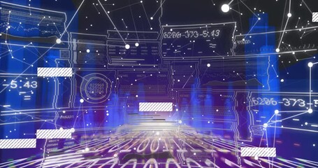 Animation of data processing and city over black background - Powered by Adobe