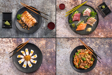 Special sushi collection. Different kinds of sushi on slate background. Four pictures for 1.