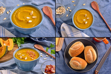 Fototapeta na wymiar Picture collage of pumpkin soup bowls. 4 images for 1.