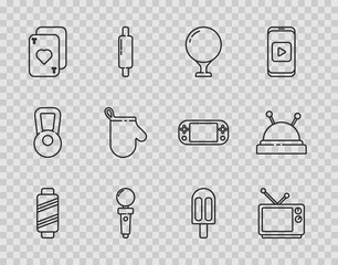 Set line Sewing thread on spool, Retro tv, Golf ball tee, Joystick for arcade machine, Playing cards, Oven glove, Ice cream and Needle bed and needles icon. Vector