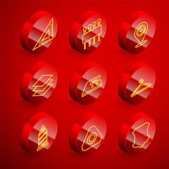 Set line Triangular ruler, Needle for sewing, Location tailor shop, Layers clothing textile, Electric iron, Hanger wardrobe, Sewing thread and chalk icon. Vector