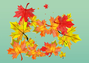 Naklejka na ściany i meble Golden Foliage Background Green Vector. Leaves Seasonal Template. Red October Plant. Down Floral Design.