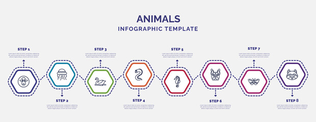 infographic template with icons and 8 options or steps. infographic for animals concept. included female sheep, swan, moray, seahorse, bulldog, butterfly with wings, racoon icons. - obrazy, fototapety, plakaty