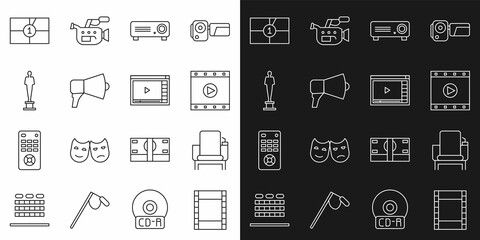 Set line Play Video, Cinema chair, Movie, film, media projector, Megaphone, trophy, Old movie countdown frame and Online play video icon. Vector