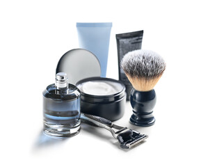 Shaving accessories set on a white background mockup