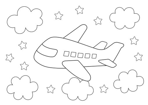 easy coloring page for kids. an airplane flying in the sky among clouds and  stars. you can print it on a4 size paper Stock Illustration
