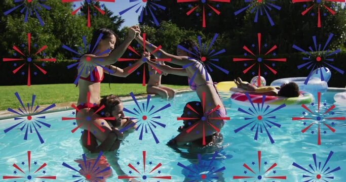 Animation of fireworks icons over diverse friends playing at pool party