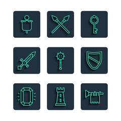 Set line Diamond, Castle tower, Trumpet with flag, Old key, Medieval chained mace ball, sword, and Shield icon. Vector