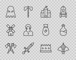 Set line Crossed medieval axes, Battle crossbow with arrow, Castle, fortress, Medieval sword, Executioner mask, Monk, King crown and Old bottle of wine icon. Vector