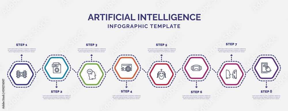 Aufkleber infographic template with icons and 8 options or steps. infographic for artificial intelligence conc