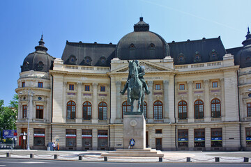 Library of Central University and monument to Carol I in Bucharest, Romania	
