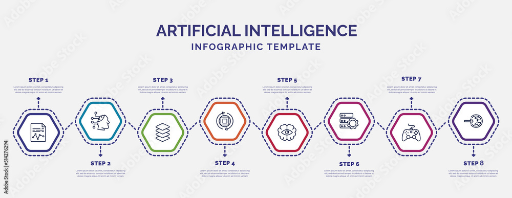 Aufkleber infographic template with icons and 8 options or steps. infographic for artificial intelligence conc
