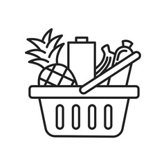 Outline icon of full basket of food, grocery stores. Grocery basket with fruits and bottles. Vector illustration.